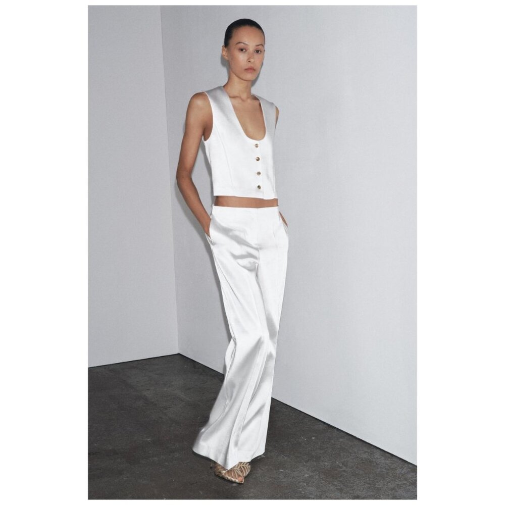 Zara ZW COLLECTION Woman's Suite Tux Satin Pants and Vest Set White Sz XS 2 Pc